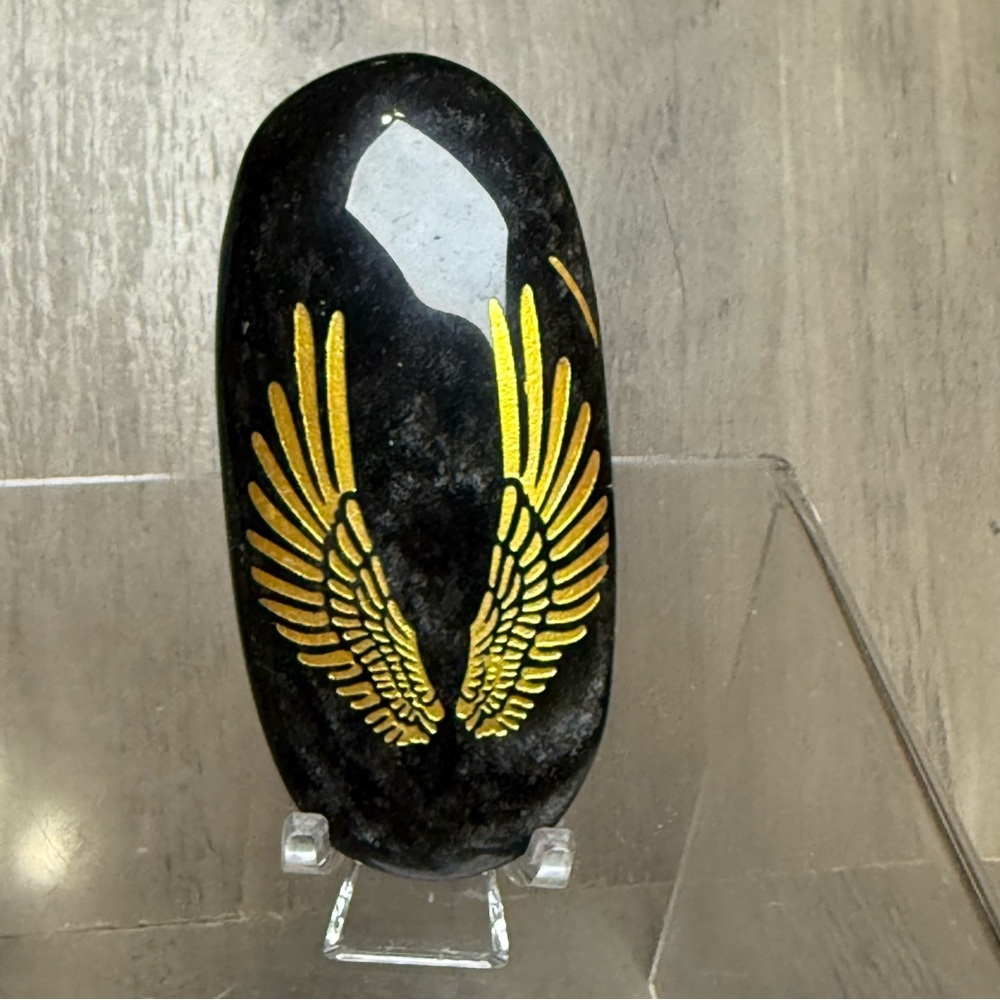 Silver Sheen Black Obsidian Palm Stone W/ Gold Etched Angel Wings Crystal - Picture 3 of 6
